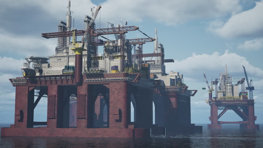 Massive installation ship conducting petrol exploitation in open ocean with reduced environmental impact. Maritime steel platform equipped with drilling machinery for subsea operations