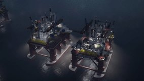 Offshore oil platform facilitating seabed drilling under green aurora borealis. Industrial gas production rig extracting petrol from ocean during vibrant northern lights display - Powered by Shutterstock - Get 15% off with code: PIKWIZARD15