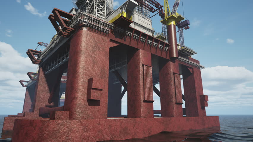 Offshore oil rigs standing in open sea ready for fossil fuel extraction. Industrial drilling platforms extracting petrol from deep ocean reserves for global energy supply