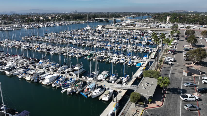 Long Beach, California, USA - Aerial View of Mother's Beach on 2nd and PCH Shopping Center, With Boats and Yachts at Naples Island, Looking at the Second Street Overpath