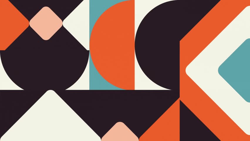 Bold Animated Retro Geometric Shapes Loop: Mid-Century Modern Pattern in Black, Orange, and Teal