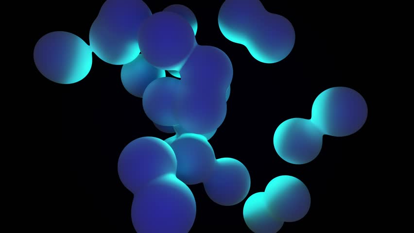 Seamless loop background with vibrant blue and cyan glowing bubbles floating up in lava lamp style. Abstract tranquil screensaver with 3D blobs and luminous effect in dark empty space. Looped 4K 60fps