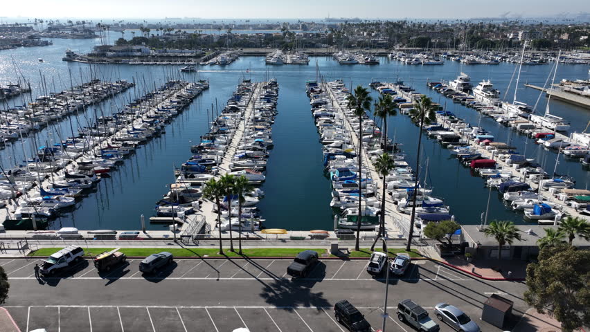 Long Beach, California, USA - Aerial View of Naples Island With Boats and Yachts on a Sunny Day in the Marina Pacifica With Beachfront Homes in the Ocean