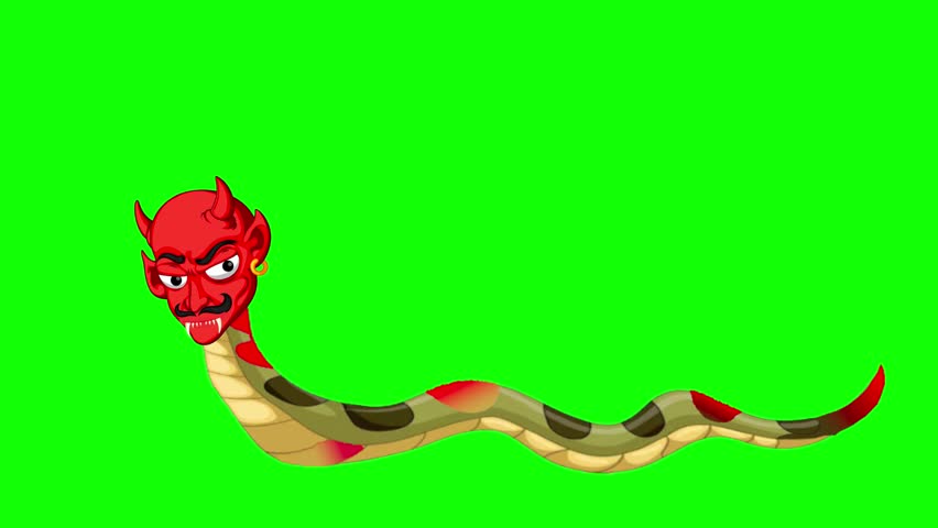 Vicious Cartoon Animation of a Red Serpent or Devil Snake with Horns Slithering and Hissing on a Green Screen Background, Isolated Fantasy Monster Character Loop for Chroma Keying
