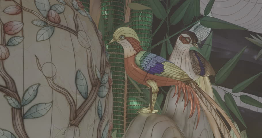 Beijing, China. Ungraded C LOG 2, Zigong Lantern Festival In Beijing. Amazing Glowing Lanterns In Form Of Multicolored Birds. Lantern Festival In Beijing Garden Expo Park. National Intangible Cultural