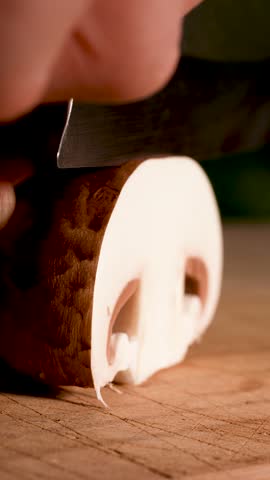 Slow-motion close-up of a champignon mushroom being sliced with a sharp knife. Each movement highlights the soft texture, clean separation and natural structure of the fresh mushroom.