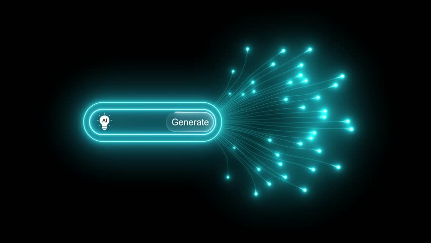 AI Button Generate design click to generative ai artificial intelligence user interface rounded image video generator symbol, on a black background. 4k