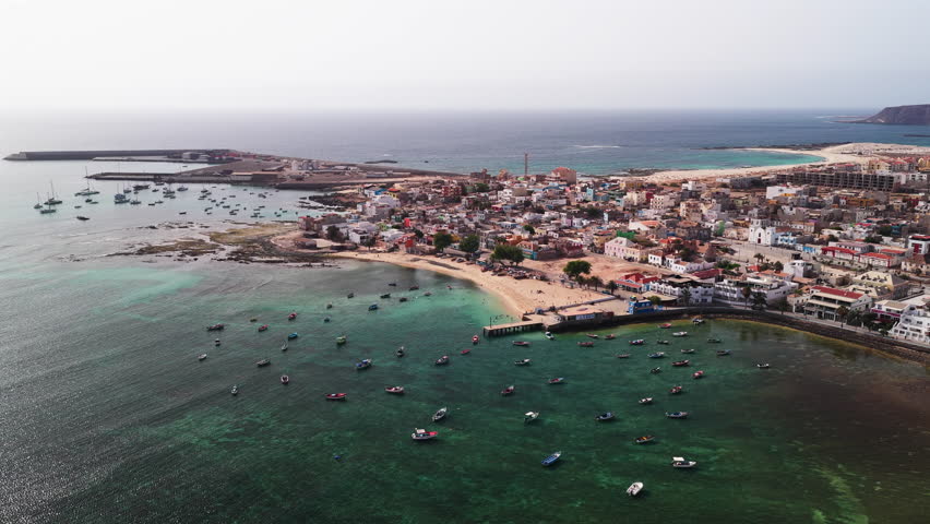 Sal Rei city aerial view, Old city with many colorful house, turquoise ocean and sandy beach,Boa Vista, Cape Verde