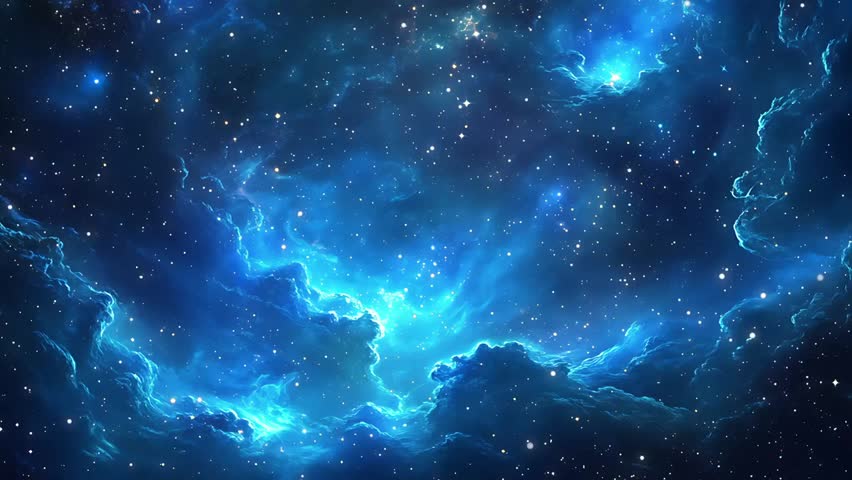 A stunning deep blue night sky filled with stars and a glowing nebula, highlighting the beauty of outer space and cosmic celestial formations.