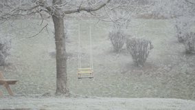 An empty swing hangs from a frost-covered tree branch above a pale garden lawn, creating a quiet winter scene filled with stillness and muted tones. - Powered by Shutterstock - Get 15% off with code: PIKWIZARD15