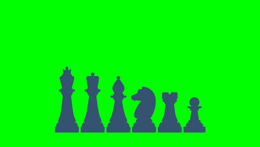 Chess pieces. Chess pieces, one after another, rise up. King, queen, bishop, pawn, knight, rook. Icon set. Board game. Black Silhouettes. Outline set of chess icons. 2D flat animation. Alpha channel