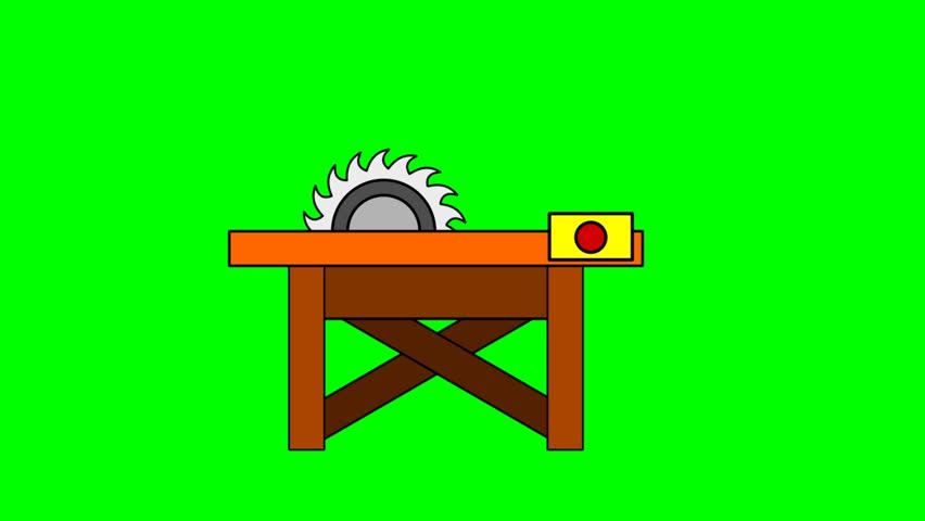 Cartoon table saw machine animation on greenscreen. Editable chroma key industrial tool element.