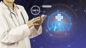 A female doctor shows animated neon icon of a medical team under a cross. Represents professional healthcare service, medical staff, doctor collaboration and hospital support. - Powered by Shutterstock - Get 15% off with code: PIKWIZARD15