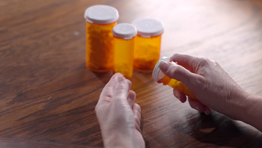A third-person view showing the hands of a person dispensing a daily dose of pills from a bottle, surrounded by multiple prescription bottles.