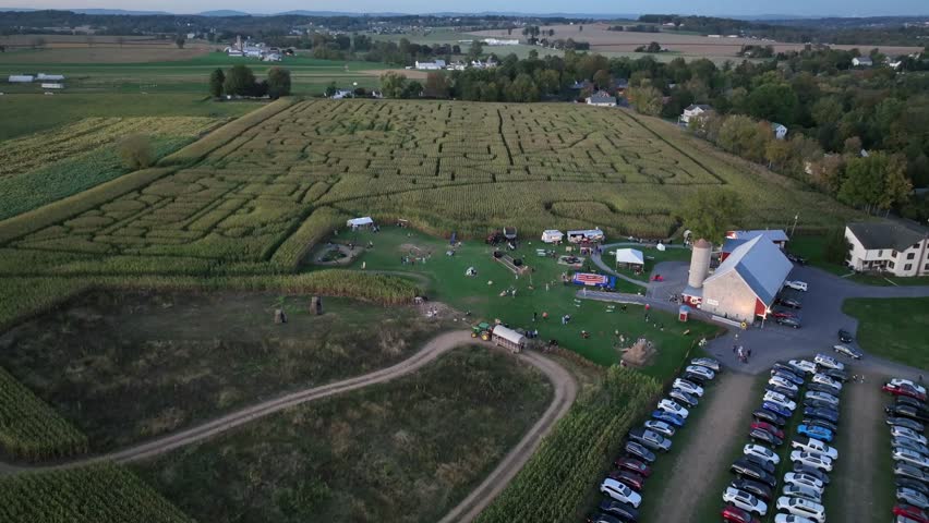 American countryside corn maze in Virginia with wide farmland, family activity area, barns, parked cars and open rural scenery in United States. aerial flyover wide shot.