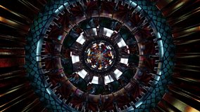 Futuristic circular mandala with layered metallic rings and luminous geometric symmetry, vibrant kaleidoscope tunnel effect background, abstract ornamental digital art details with spiritual meditative journey - Powered by Shutterstock - Get 15% off with code: PIKWIZARD15