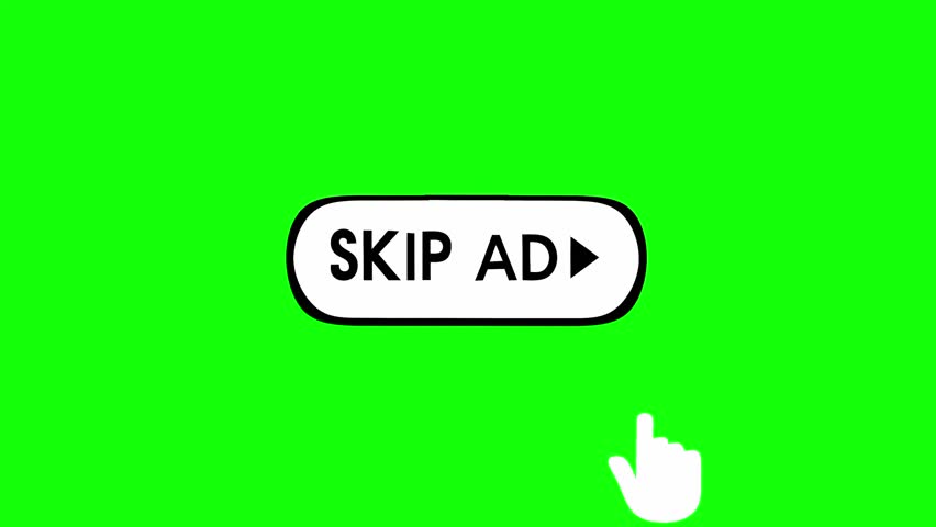 Animation of a skip ad button with a hand cursor clicking on a green screen background. The concept of removing ads from a video or website.