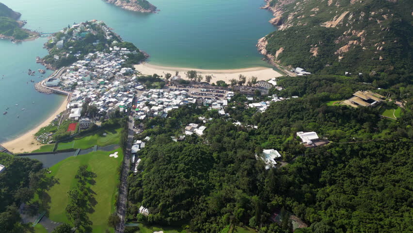 Shek O Bay And Town Local Settlement Hong Kong Island China Drone Low Fly Over Morning 4K 60FPS