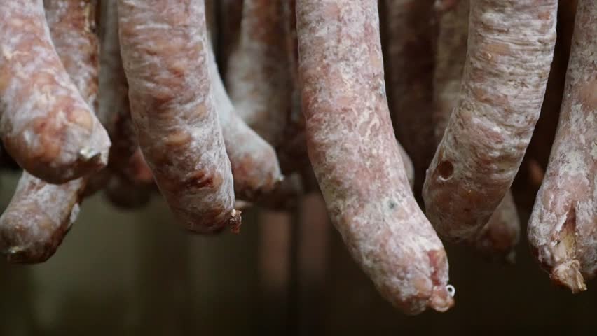 Curing sausages, hanging in a traditional drying room. The artisanal process of this quality Spanish sausage.