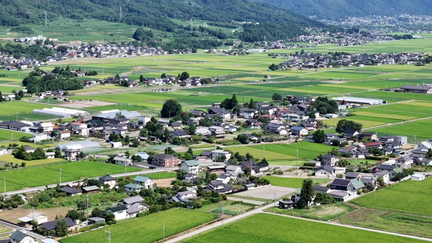 A vast, open field of green grass with several small houses scattered throughout the area. The houses are situated in the background, giving the impression of a peaceful and serene countryside