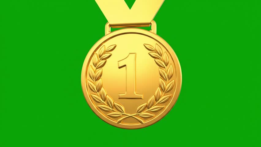 Gold Medal First Place Winner Award Animation on Green Screen, 3D Number One Champion Trophy, Victory Symbol, Chroma Key Background