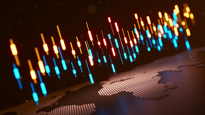 Seamless loop 3D animation of orange and blue candlestick bars hovering above a world map, symbolizing global trading, forex markets, fintech data, and financial analytics.