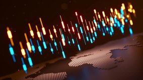 Seamless loop 3D animation of orange and blue candlestick bars hovering above a world map, symbolizing global trading, forex markets, fintech data, and financial analytics. - Powered by Shutterstock - Get 15% off with code: PIKWIZARD15