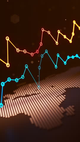 Looping 3D render of illuminated worldwide timeline graphs above a digital map, showing international price movement, volatility, and business performance metrics for finance media.