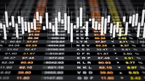 Looped 3D animation of white candlestick charts over dark financial data tables. Sleek modern background perfect for trading, analytics, fintech, market forecasts, and economic visuals. - Powered by Shutterstock - Get 15% off with code: PIKWIZARD15