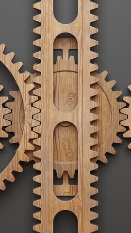 Looped 3D animation of a wooden gear and rack mechanism in motion, highlighting fine craftsmanship, smooth operation, and intricate mechanical design in a continuous, seamless display of movement.