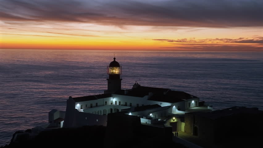 Aerial from the lighthouse Cabo Vicente in Sagres Portugal at sunset	