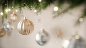 Christmas Holiday Background Seamless Loop with Gold and Silver Baubles, Twinkling Lights, Falling Snow and Pine Branches – Elegant Festive Winter Animation - Powered by Shutterstock - Get 15% off with code: PIKWIZARD15
