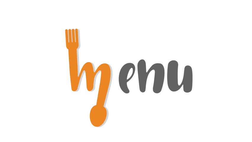 Menu. Hand-lettered print. Letter M decorated with fork and spoon, video.