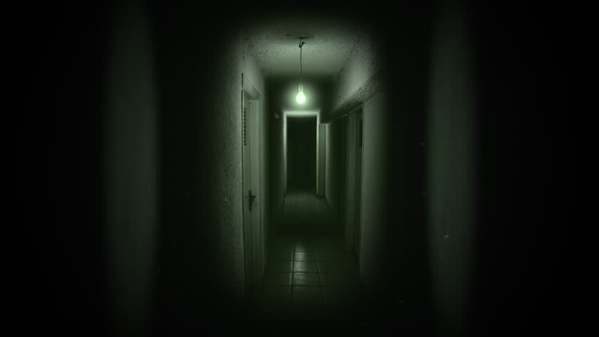 haunting corridor under eerie lights with shadows and suspenseful silence