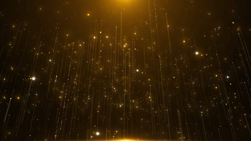 Golden glitter tail particle falling new year Award party stage Christmas festival, award, celebration in air. Merry Christmas Happy New Year. Particles event awards trailer titles cinematic stage 3D