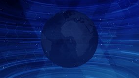 Rotating abstract digital earth globe on blue background with geometric patterns and hexagonal grid, virtual planet, global connectivity, technological advancement, international networks - Powered by Shutterstock - Get 15% off with code: PIKWIZARD15