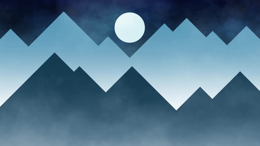 Animated abstract mountain range with moon illustration, landscape moves horizontally, seamless loop with gradient background, loopable animation
