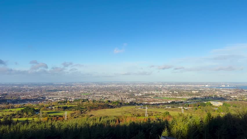 Panoramic View Over Dublin City, Suburbs, and Fields from Ticknock on a Sunny Autumn Day