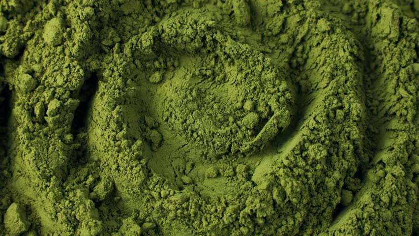 Matcha green tea powder circle rotation top view. Moringa, Spirulina, chlorella superfoods