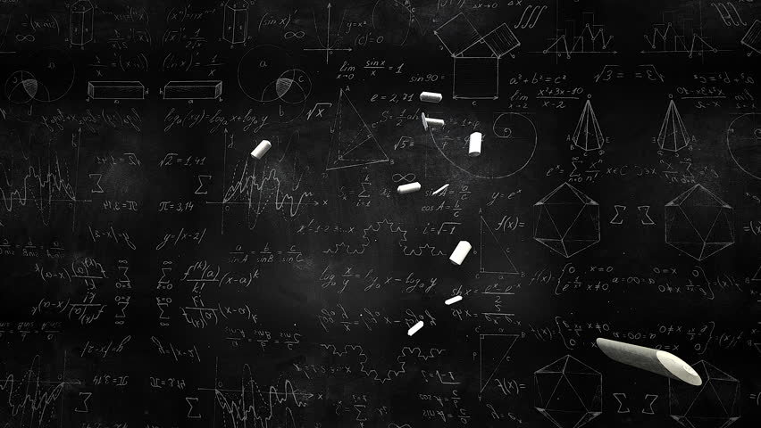 white chalk fragments disperse over blackboard with scientific sketches