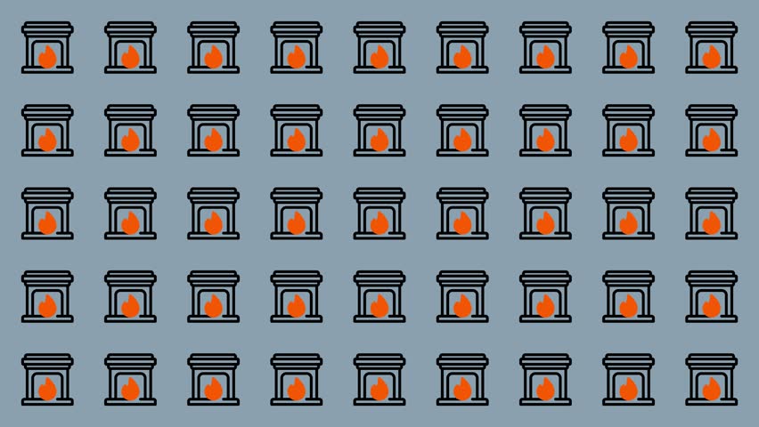 A repeating pattern of pixel art fireplaces, perfect for retro games or cozy designs. The warm colors and simple style create a nostalgic feel.