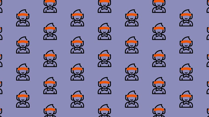 A repeating pattern of people icons with orange hair and dark blue outlines on a light purple background.