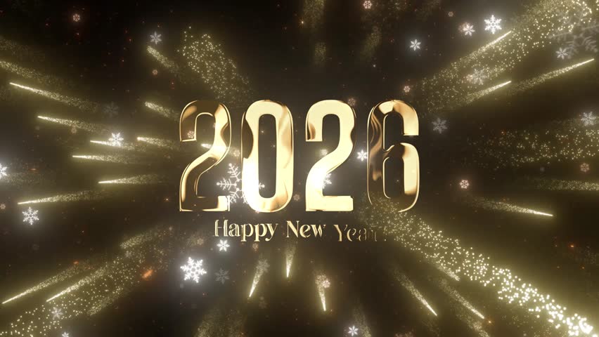 Happy new year 2026 countdown celebration animation with gold glitters. Happy New Year festive celebrations. Gold animated background greetings