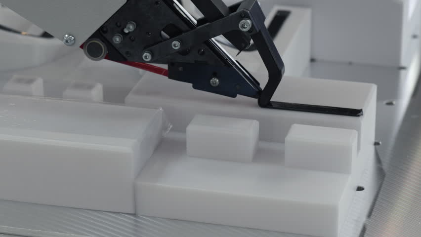 Closeup of automated robotic unit applying an adhesive strip onto a plastic component. Precision industrial gluing process used in manufacturing and assembly lines with controlled placement.