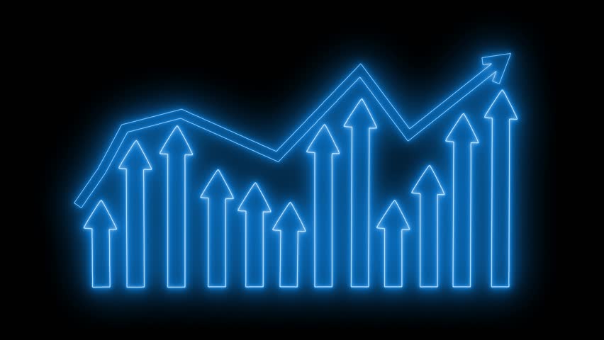 Seamless Loop Neon Bar Graph Animation, Neon Glowing Graph with Upward Arrows
