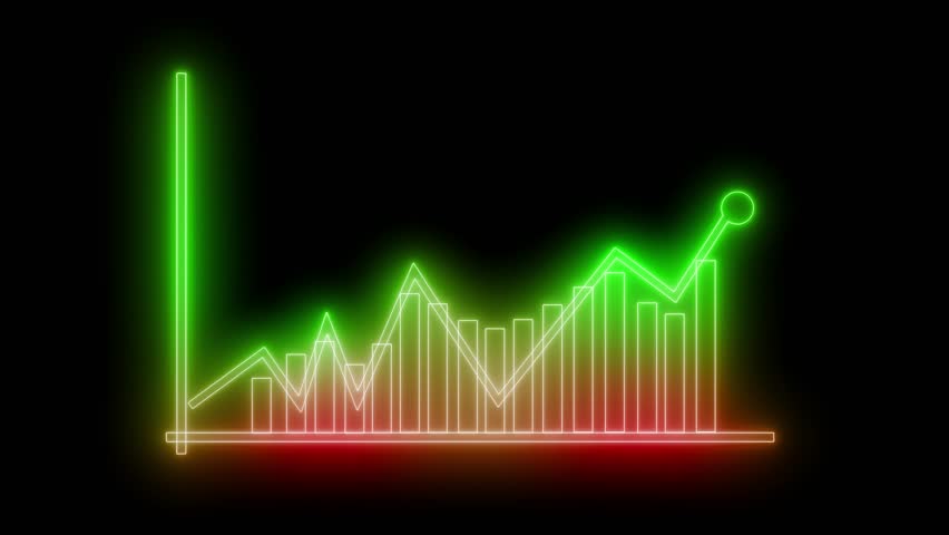 Glowing Data Bar Chart with Neon Colors for Business, Finance, and Tech, Neon Line Graph Showing Upward Trend