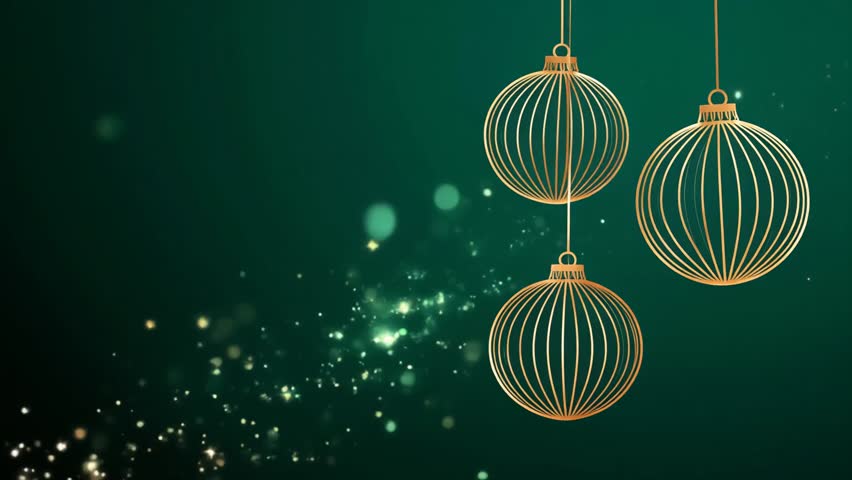 A festive and elegant background featuring delicate golden wireframe Christmas ornaments suspended against a deep green backdrop with shimmering bokeh lights, perfect for holiday greetings and design.