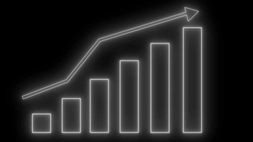 Glowing Bar Chart with Upward Arrow, Business Graph Visualization in Glowing Neon Light Style