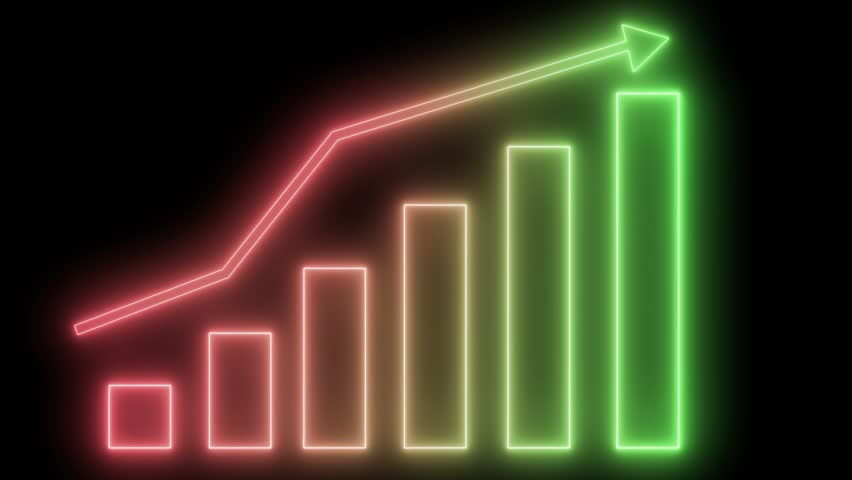 Glowing Bar Chart with Upward Arrow, Business Graph Visualization in Glowing Neon Light Style