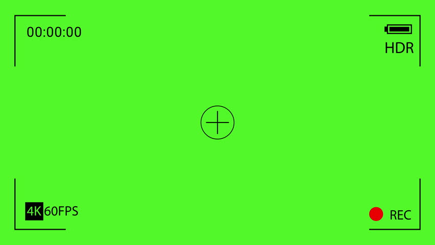 High-definition video recording camera display with timecode and status indicators on a vivid green screen background, ideal for motion graphics and editing projects